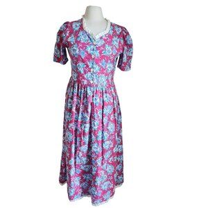 Vintage 90s Floral Dress Midi Grunge Cottagecore Puff Sleeves‎ Ruffle Pink Sz M